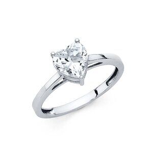 New Real Solid 14k White Gold Heart Solitaire Engagement Ring